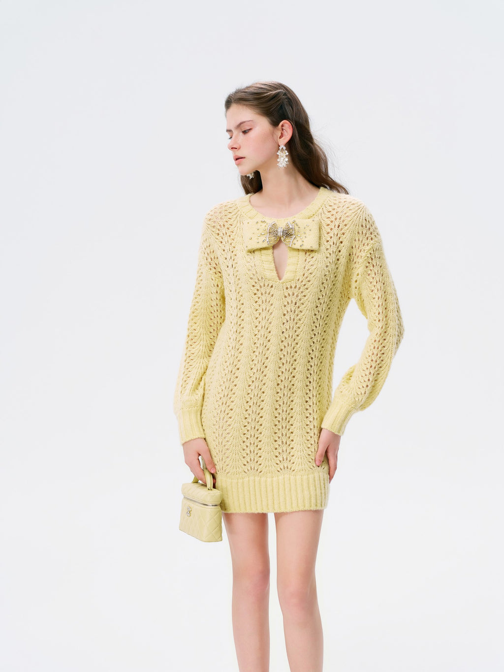 Rue Cambon Cream Bow Openwork Knit Mini Dress lookbook