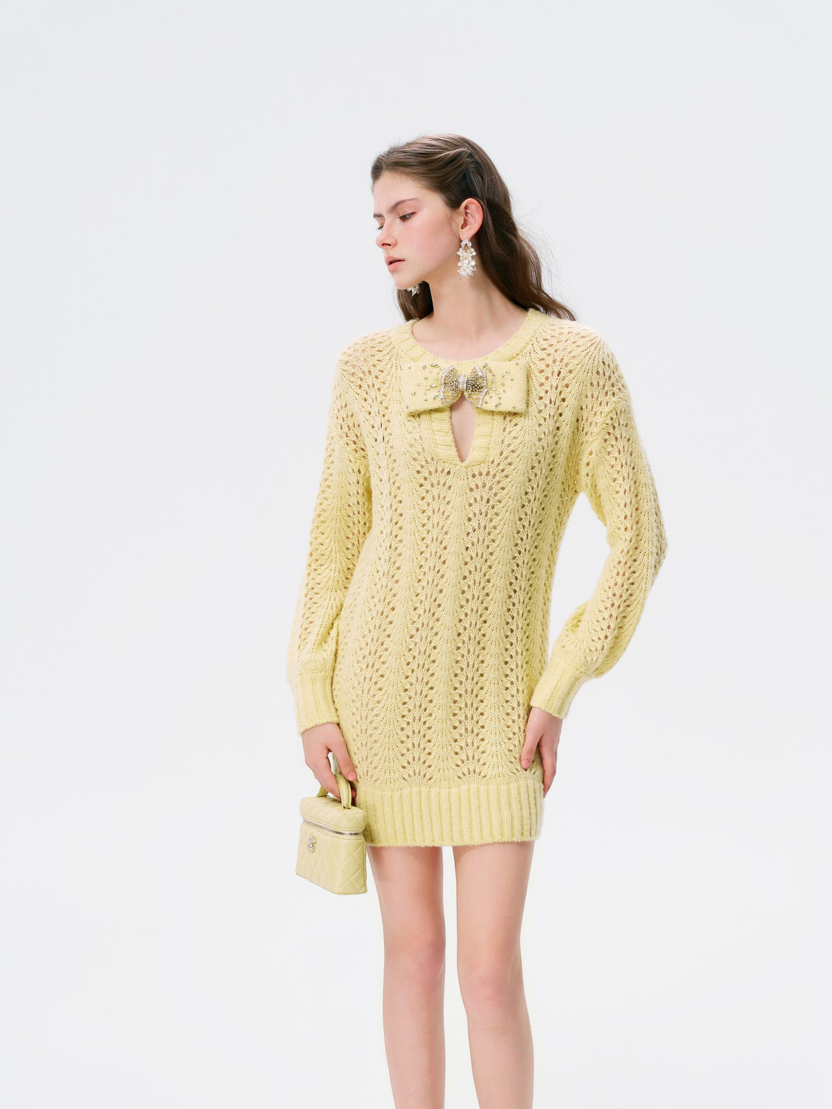 Rue Cambon Cream Bow Openwork Knit Mini Dress lookbook