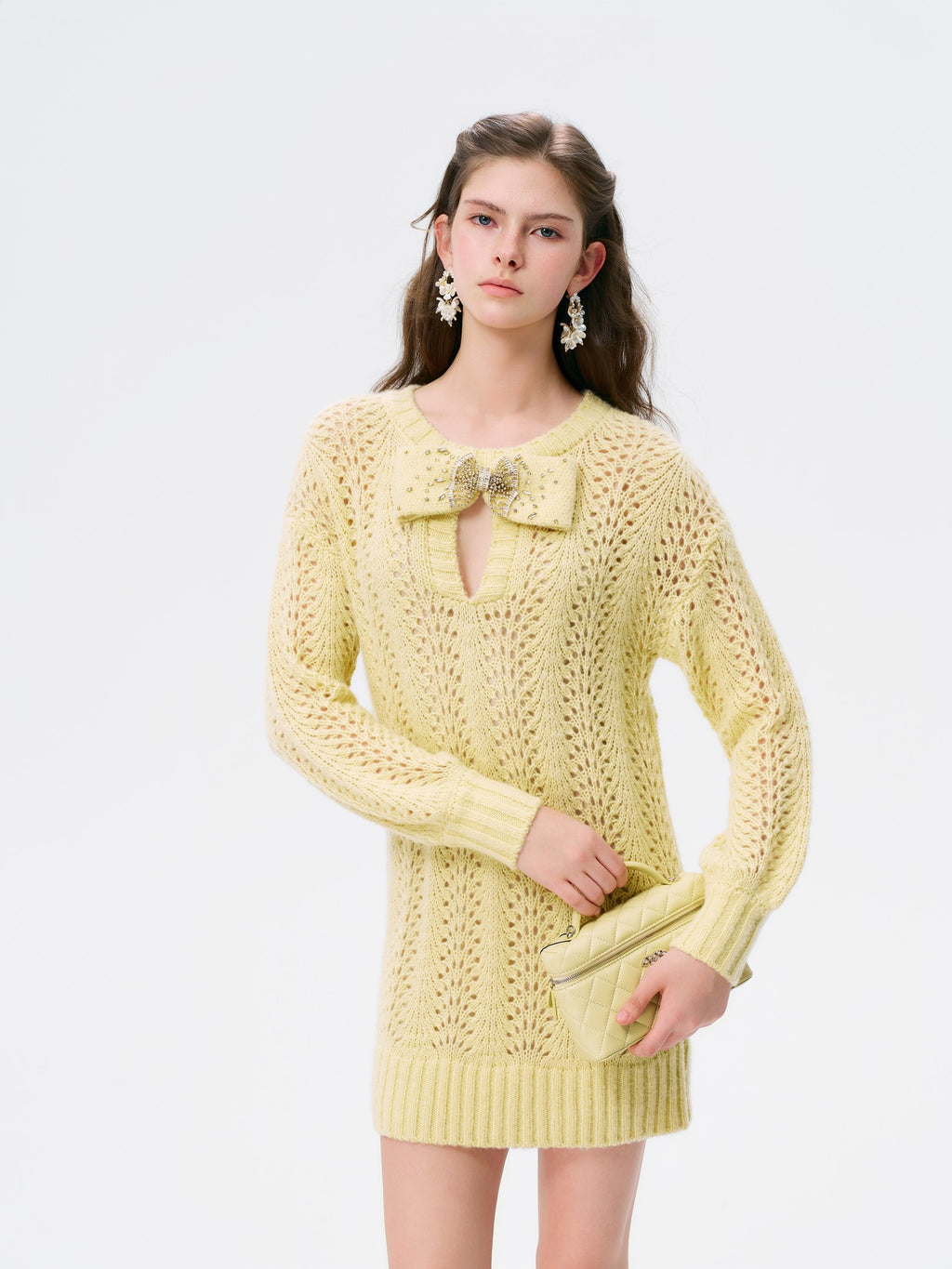 Rue Cambon Cream Bow Openwork Knit Mini Dress lookbook