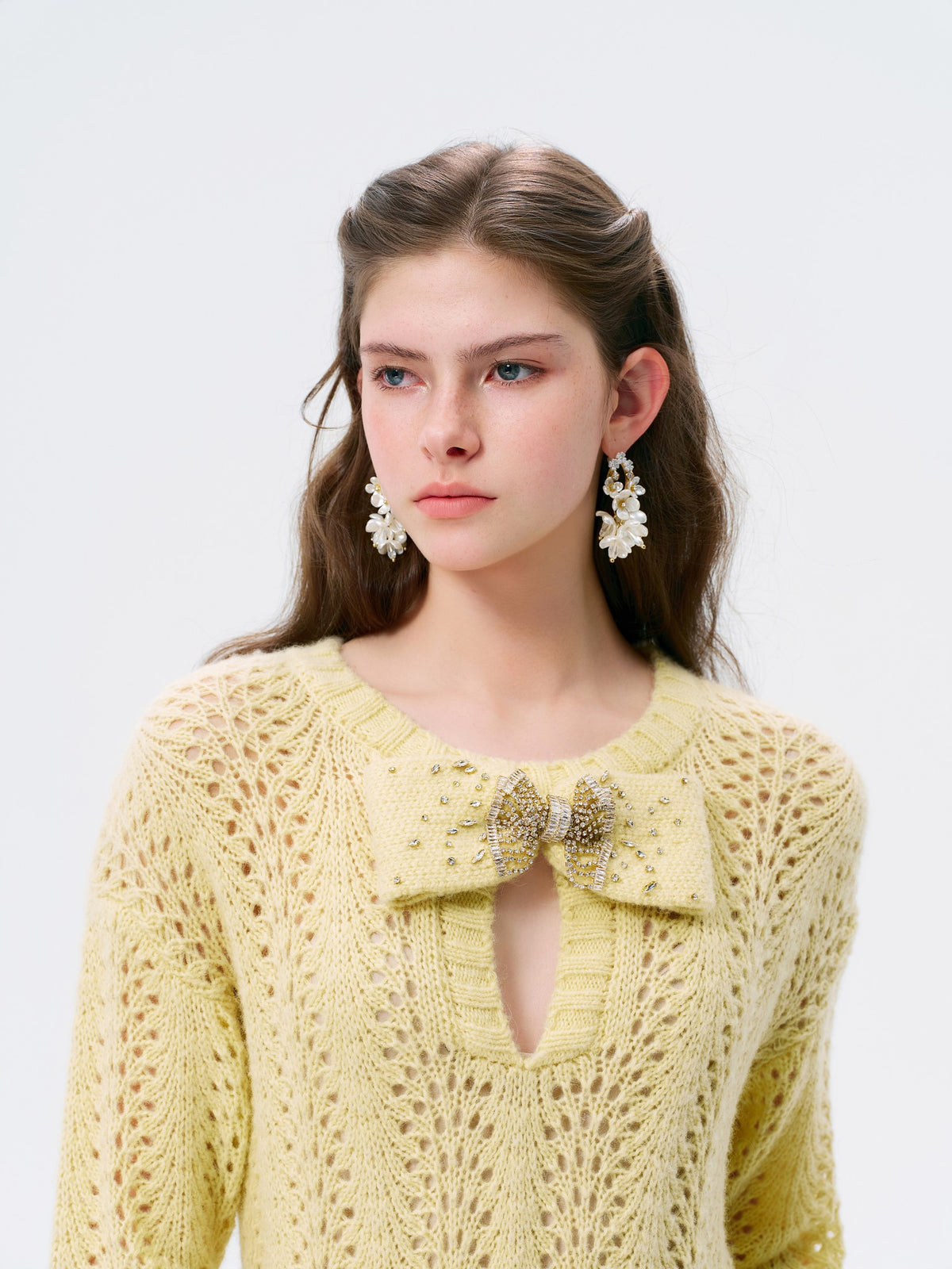 Rue Cambon Cream Bow Openwork Knit Mini Dress lookbook