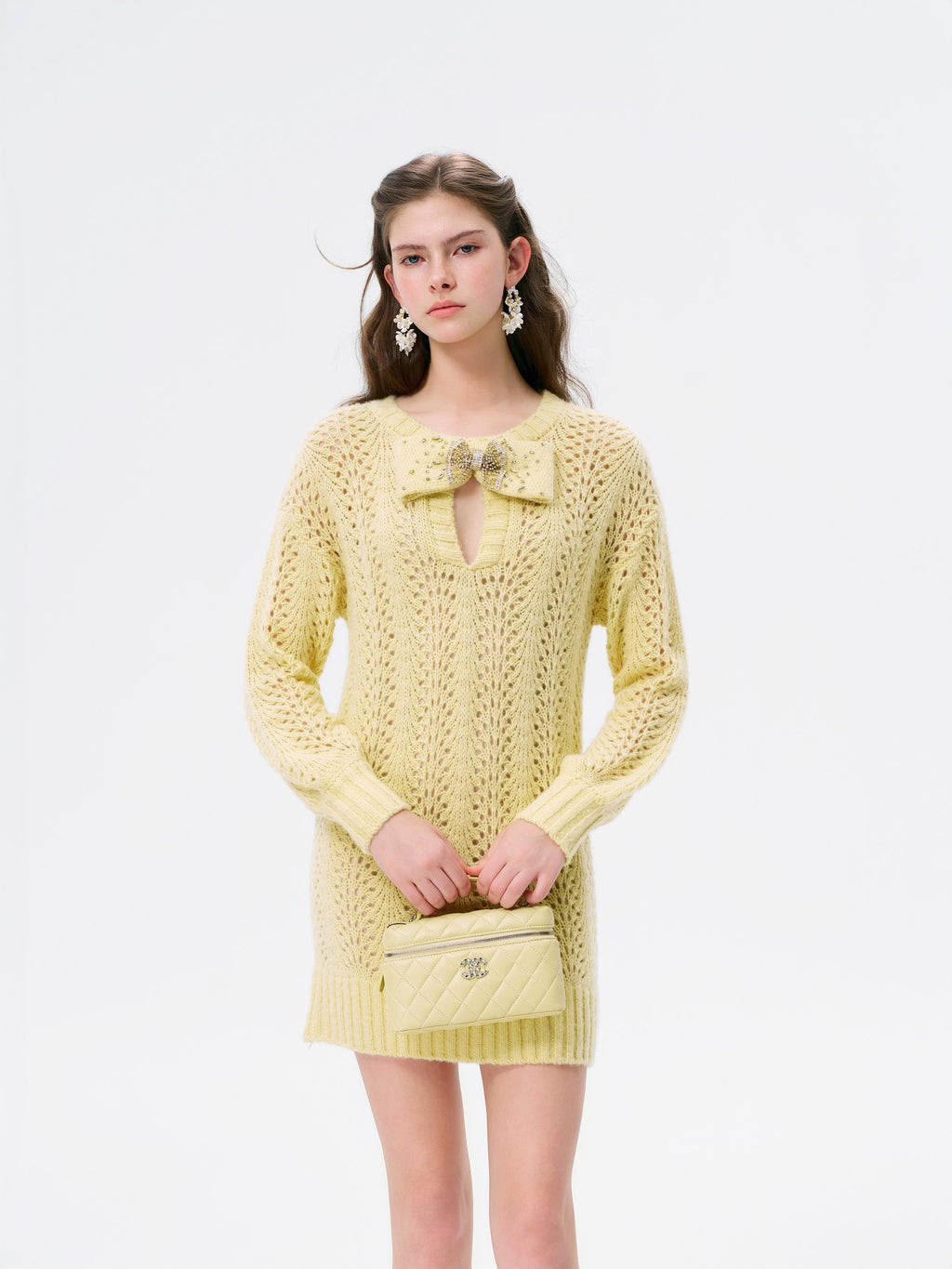 Rue Cambon Cream Bow Openwork Knit Mini Dress lookbook