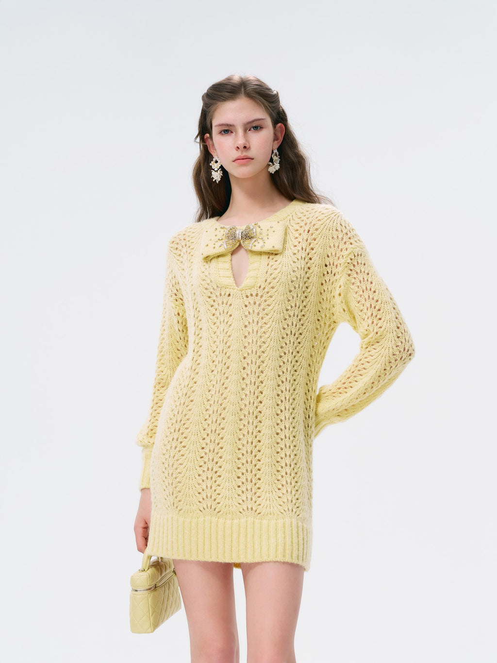 Rue Cambon Cream Bow Openwork Knit Mini Dress back detail