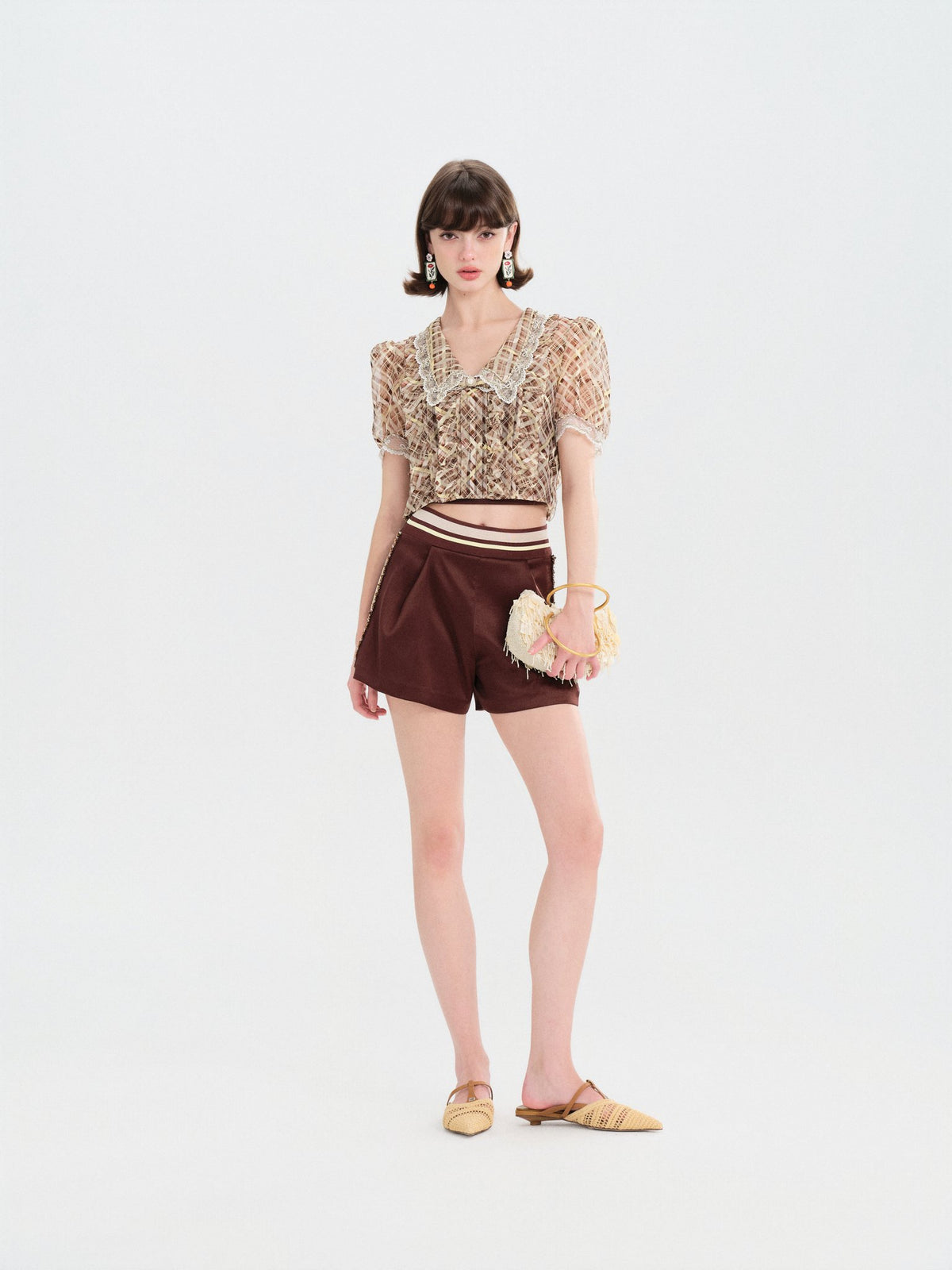Morning Muse Brown Vintage Glitter Check V-Neck Embroidered Blouse Mustard Brown front detail