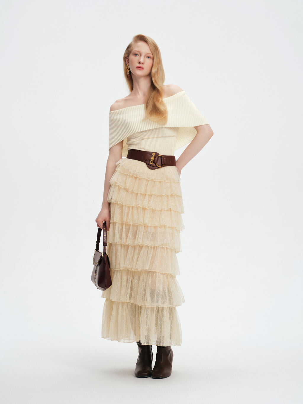 Pearl Wonderland Layered Lace Polka Dot Tulle Maxi Skirt detail shot
