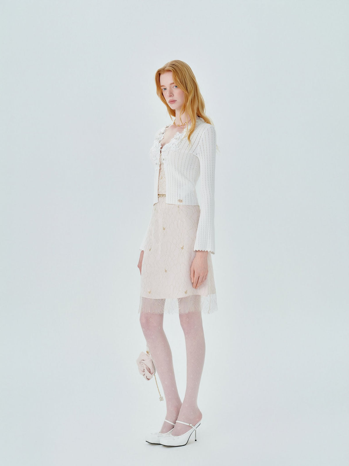 Pearl Wonderland 3D Embroidery Beaded Knit Cardigan White front detail