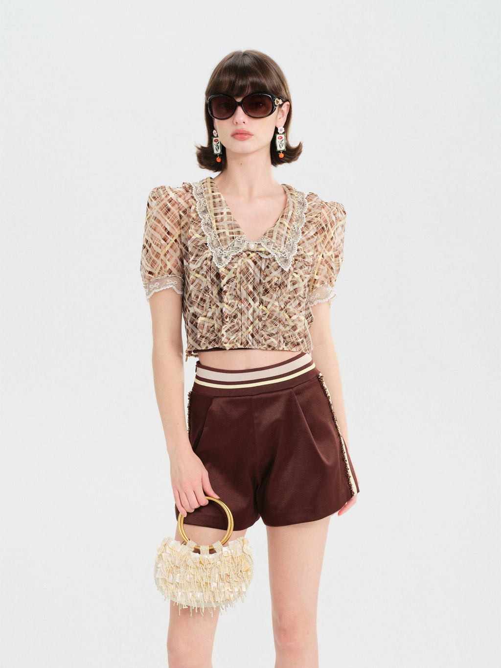Morning Muse Brown Vintage Glitter Check V-Neck Embroidered Blouse Mustard Brown look