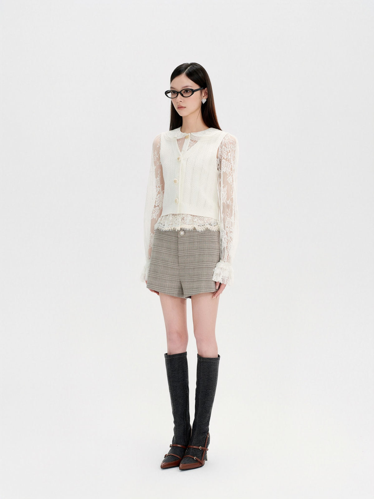 Morning Muse Lace Embroidered Doll Collar Knit Blouse back view