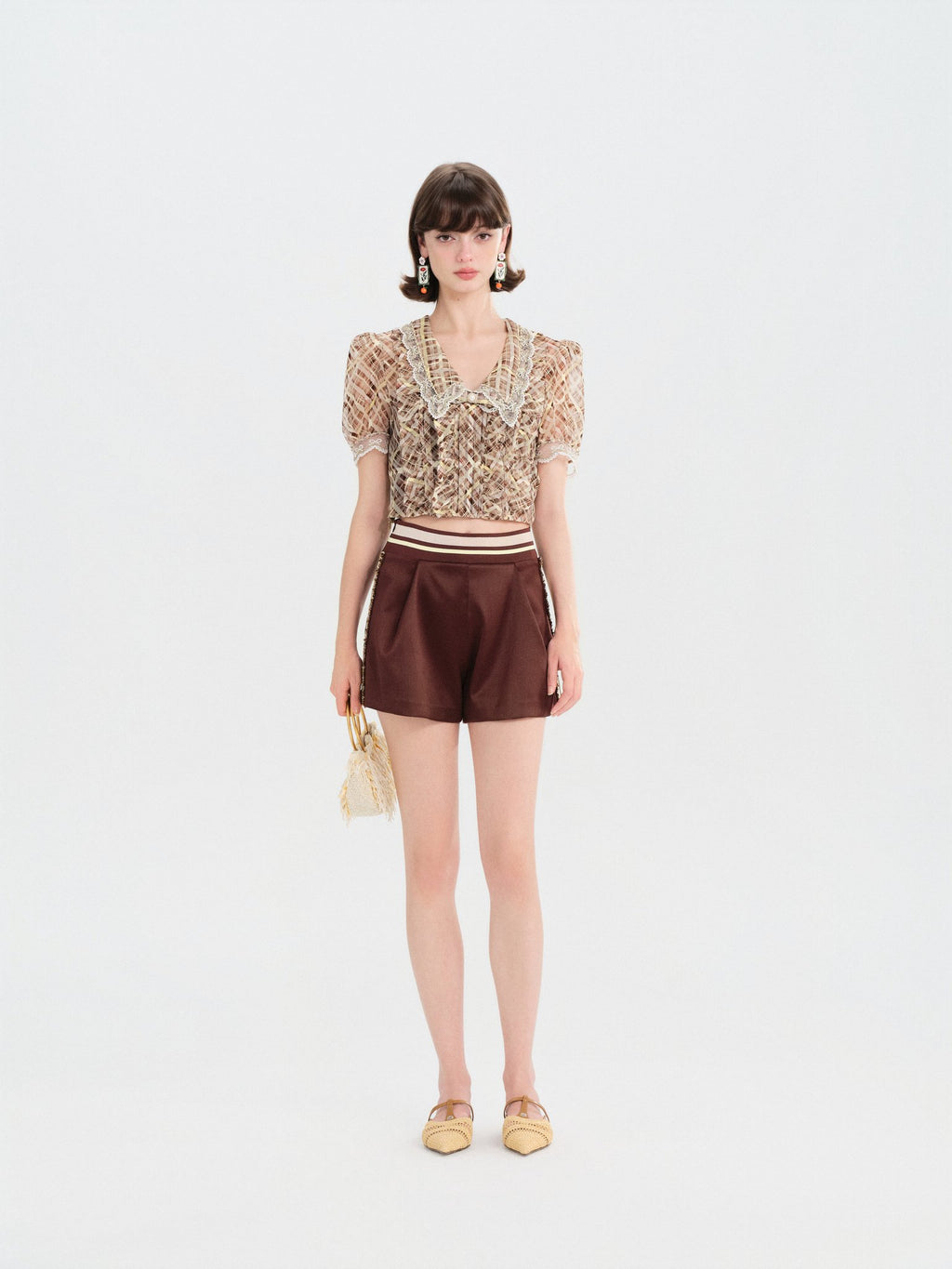 Morning Muse Brown Vintage Glitter Check V-Neck Embroidered Blouse full look