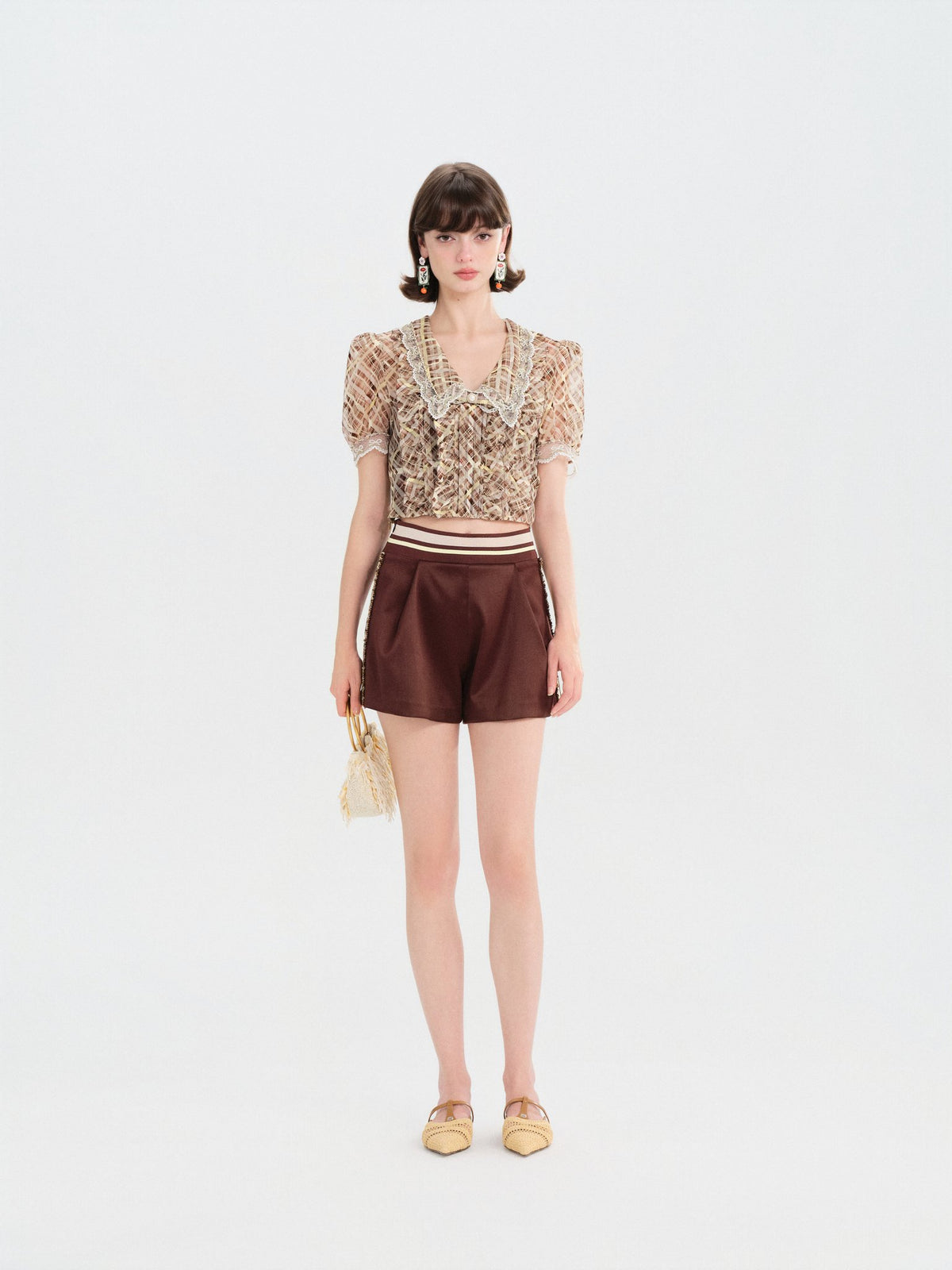 Morning Muse Brown Vintage Glitter Check V-Neck Embroidered Blouse full look