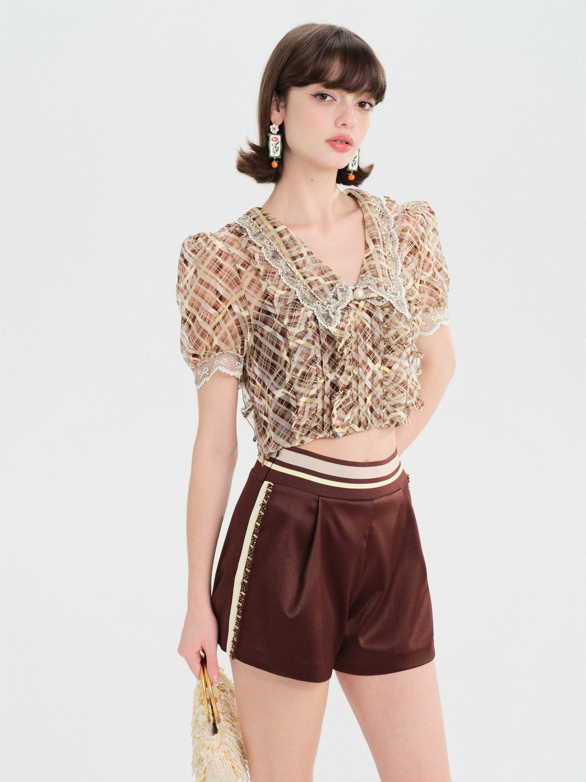 Morning Muse Brown Vintage Glitter Check V-Neck Embroidered Blouse Mustard Brown fabric close-up