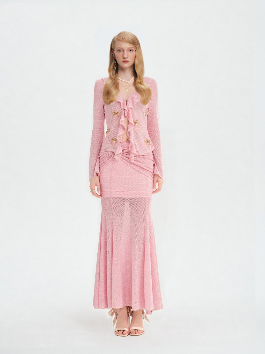 Morning Muse Pink Ruffle V-Neck Knit Two-Piece Set full look