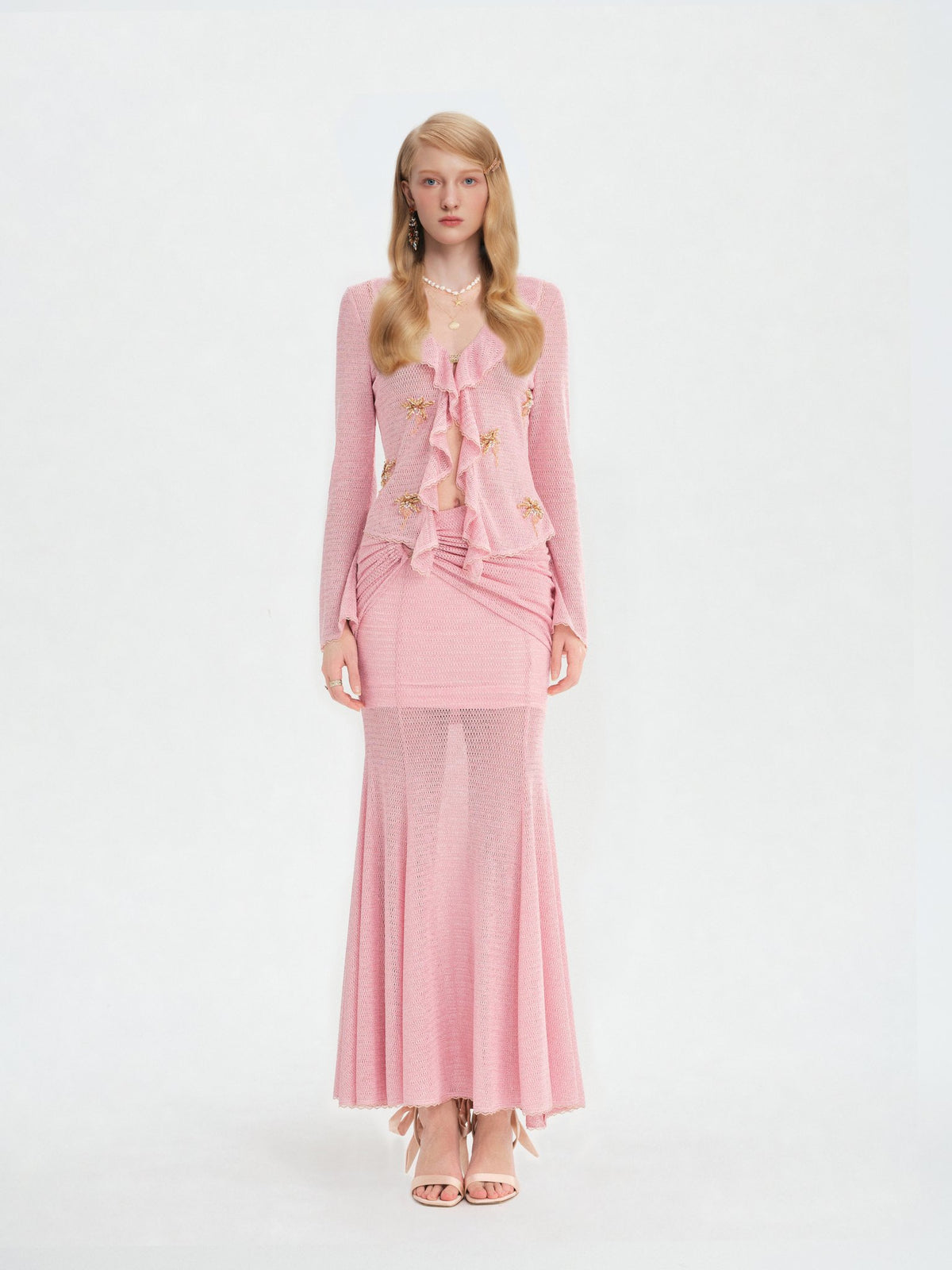 Morning Muse Pink Ruffle V-Neck Knit Two-Piece Set full look