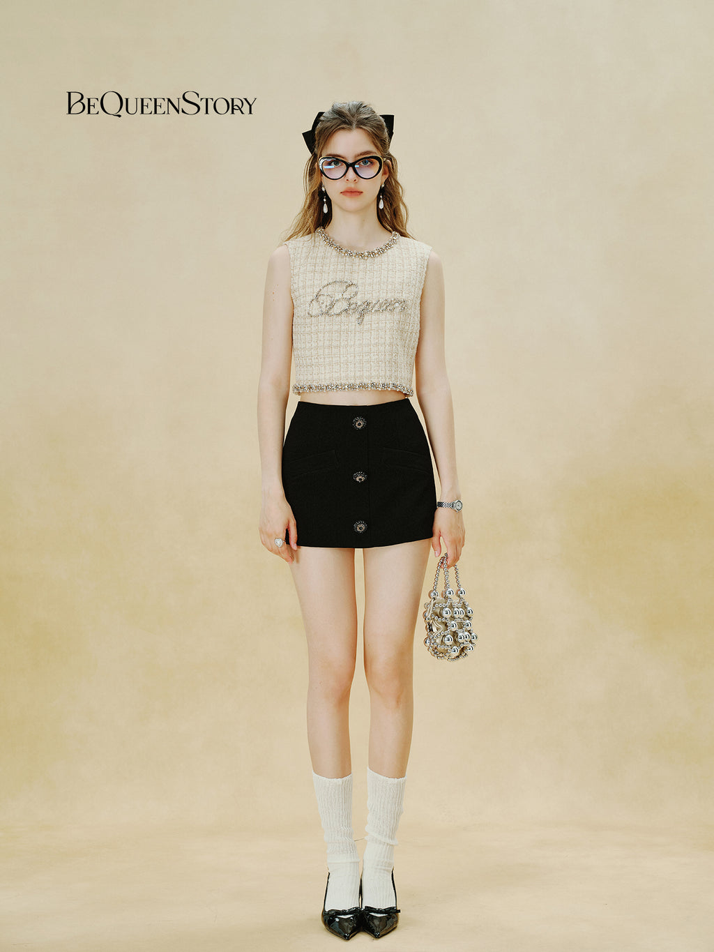 Rue Cambon Gold-Mix Rhinestone Logo Sleeveless Wool Vest model image 9