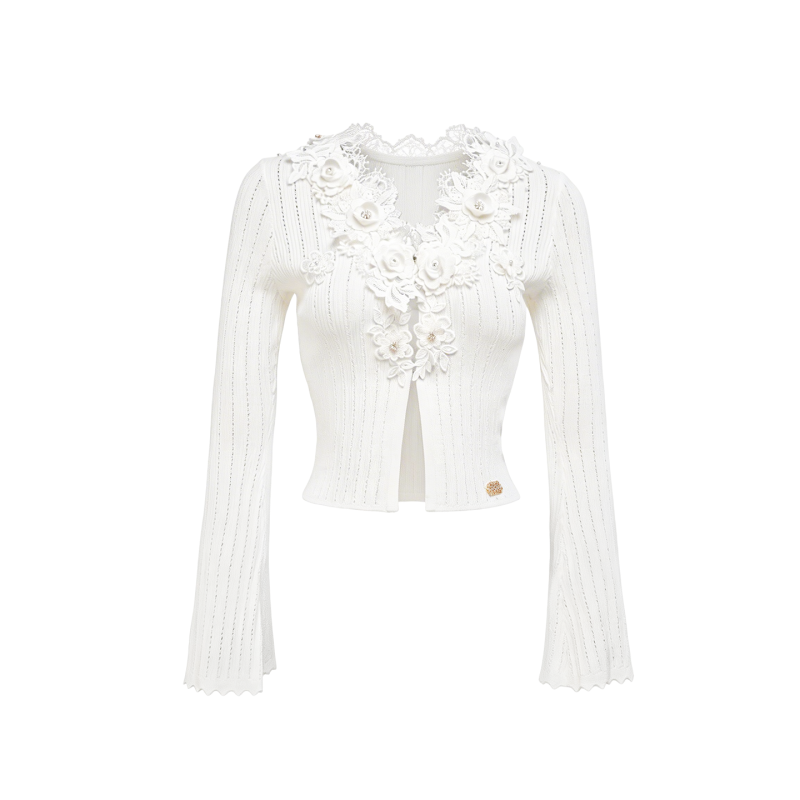 Pearl Wonderland 3D Embroidery Beaded Knit Cardigan white background
