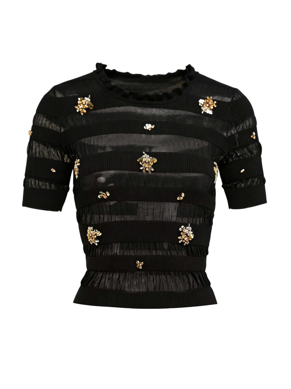 Rue Cambon Openwork Striped Rhinestone Short-Sleeve Knit Top white background
