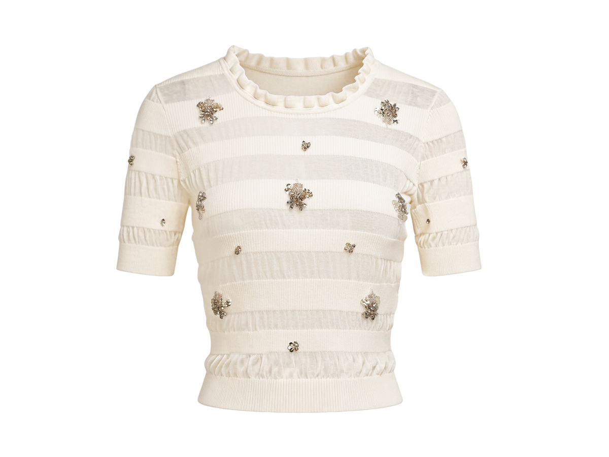 Rue Cambon Openwork Striped Rhinestone Short-Sleeve Knit Top white background