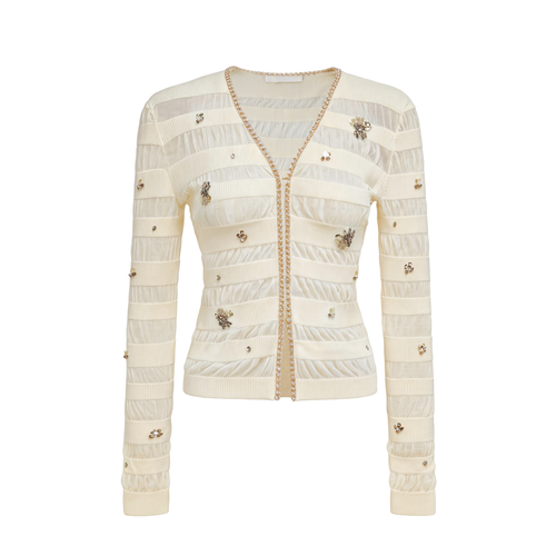 Morning Muse Beige Sheer Knit Cardigan white background
