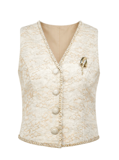 Mayfair Beige Tailored Lace Sleeveless Vest white background