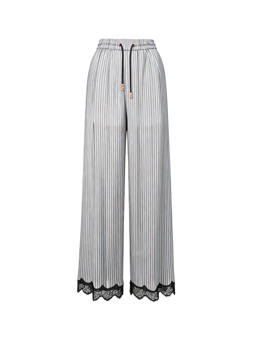 Morning Muse Blue Striped Lace Detail French Elegant Trousers white background
