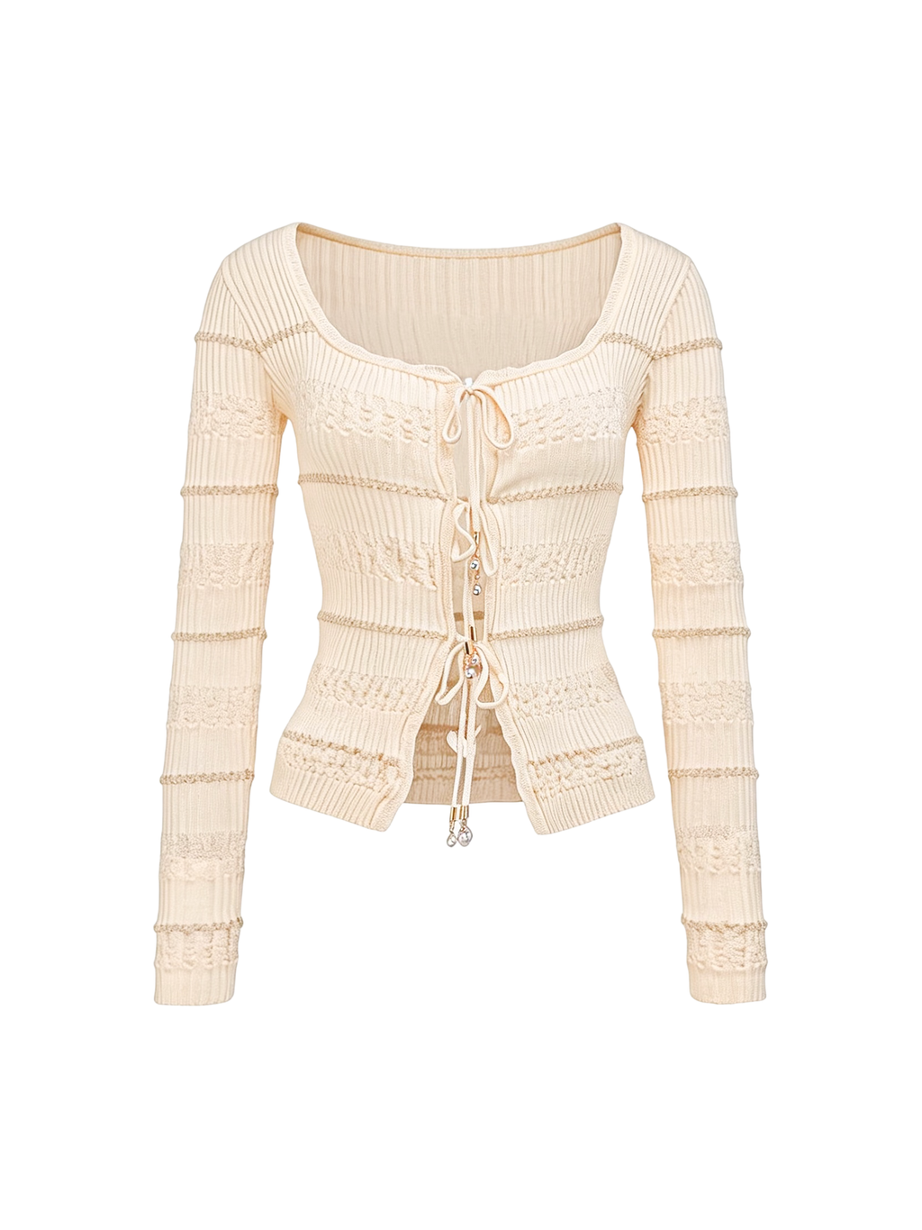 Pearl Wonderland V-Neck Pearl Tie Knit Top white background