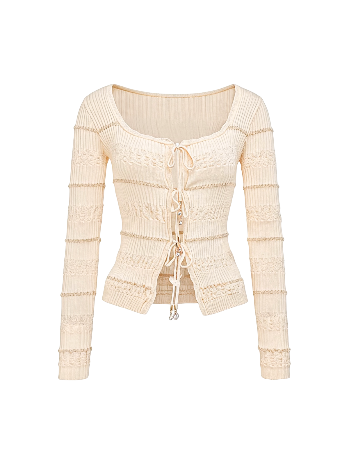 Pearl Wonderland V-Neck Pearl Tie Knit Top white background