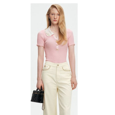Pearl Wonderland Spliced Lace-Collar Knit Polo Top full look