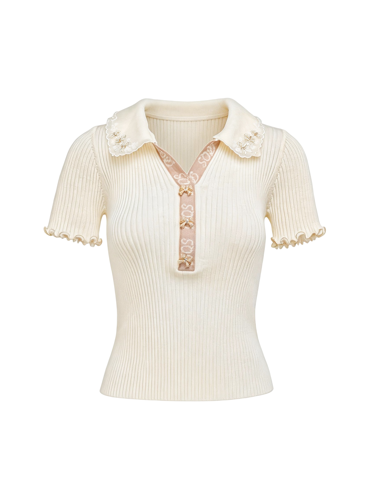 Pearl Wonderland Spliced Lace-Collar Knit Polo Top white background