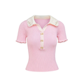 Pearl Wonderland Spliced Lace-Collar Knit Polo Top pink colorway white background