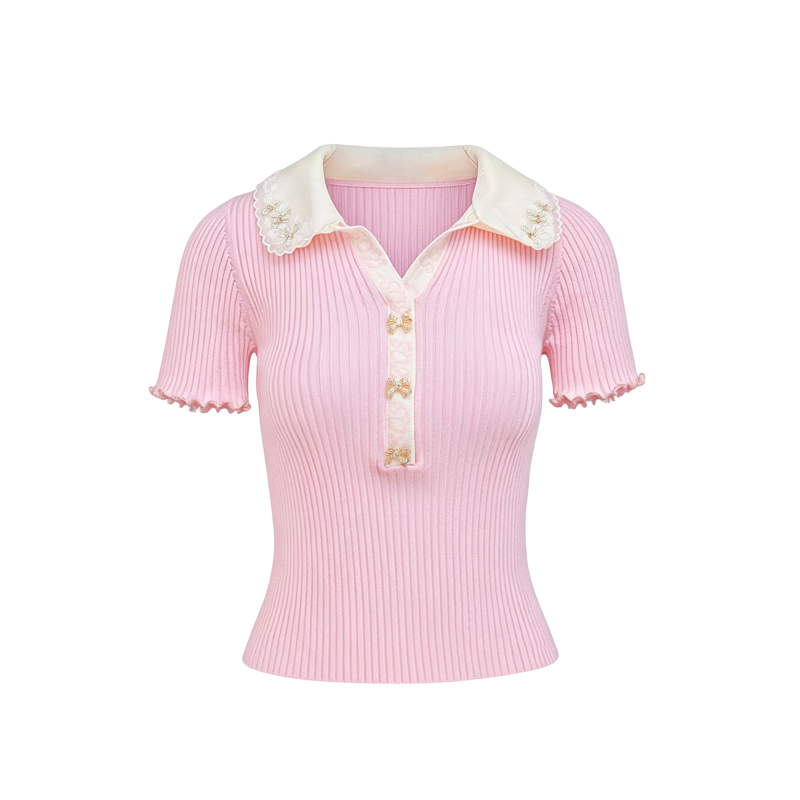 Pearl Wonderland Spliced Lace-Collar Knit Polo Top pink colorway white background
