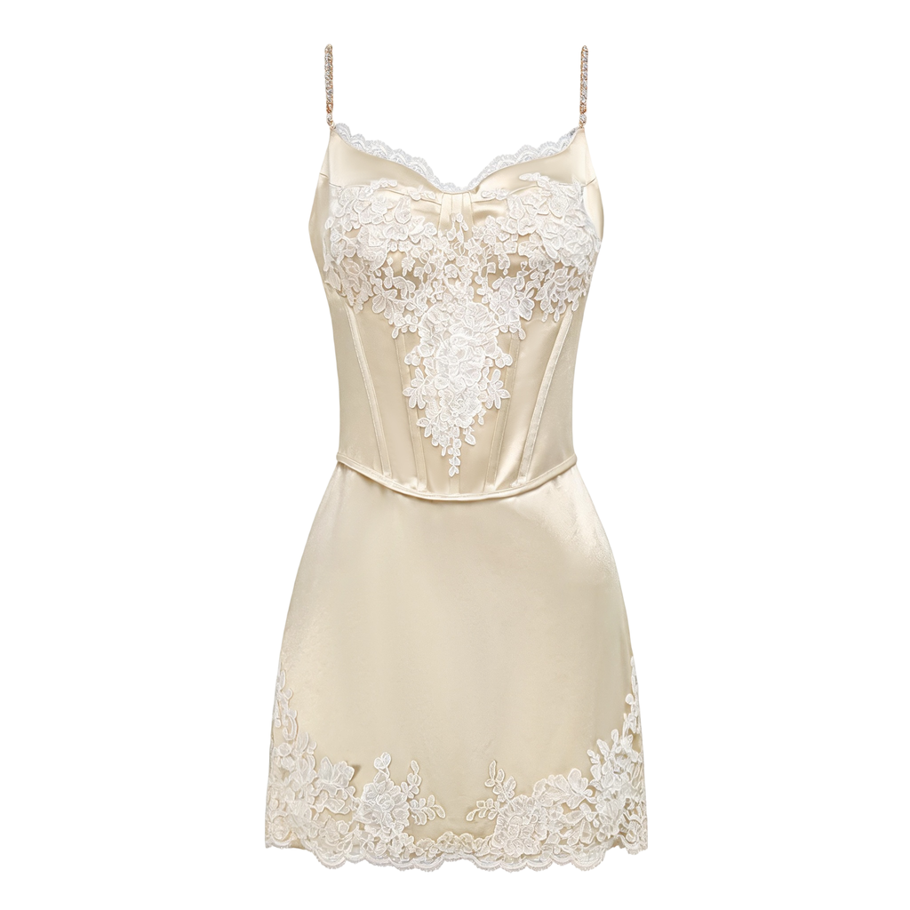 Rue Cambon Embroidered Strap Mini Dress white background
