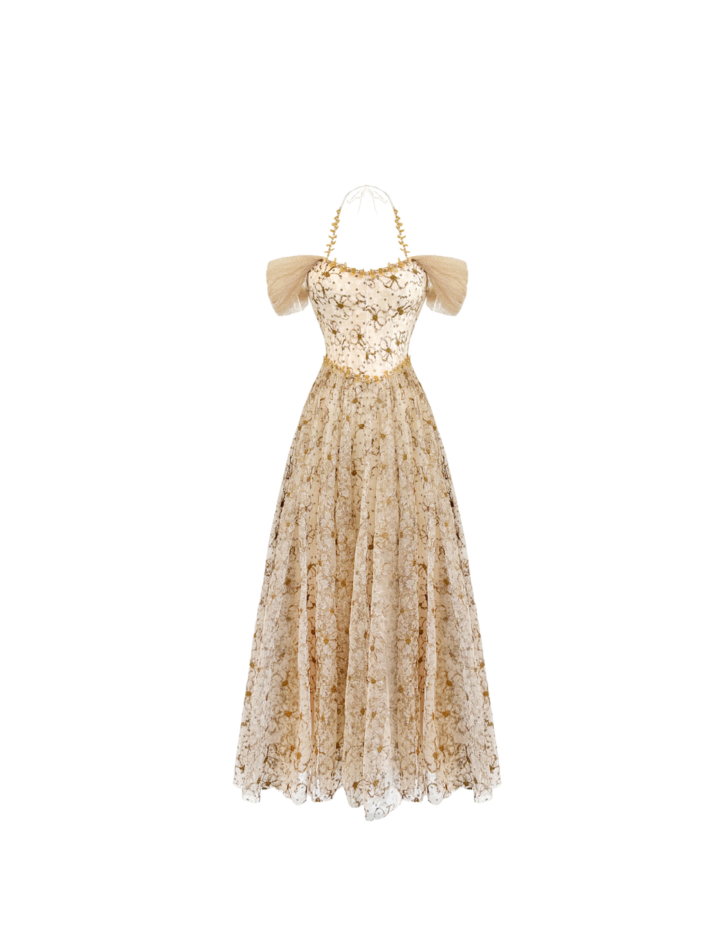 Pearl Wonderland Tulle Embroidered Sequin Waist Dress white background