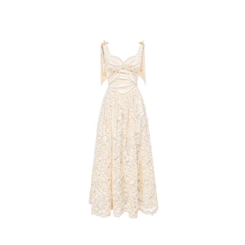 Pearl Wonderland Lace Bustier Heirloom Maxi Dress white background