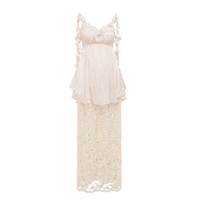 Pearl Wonderland Lace Appliqué Bustier Maxi Dress white background