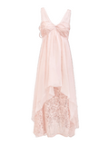 A light pink sleeveless maxi dress with a sheer high-low overlay and a matching floral lace underlayer, shown on a plain white background.