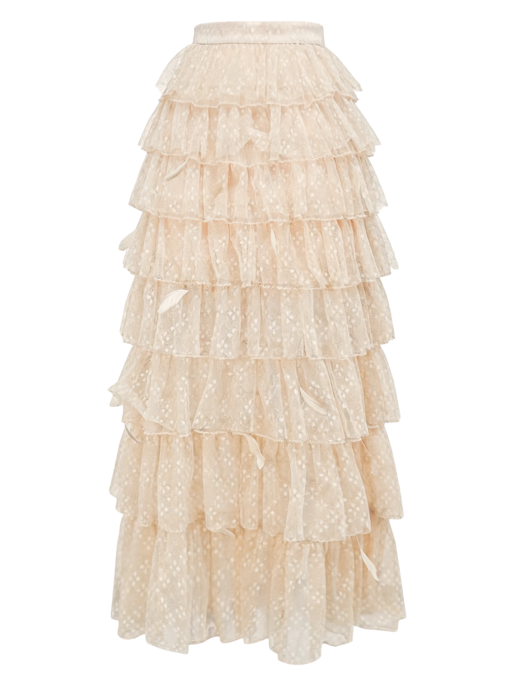Pearl Wonderland Layered Lace Polka Dot Tulle Maxi Skirt white background