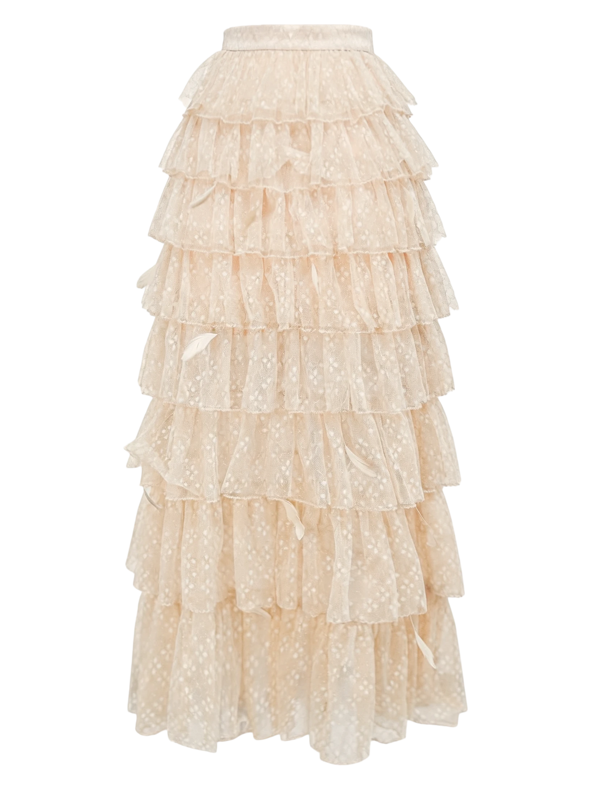 Pearl Wonderland Layered Lace Polka Dot Tulle Maxi Skirt white background