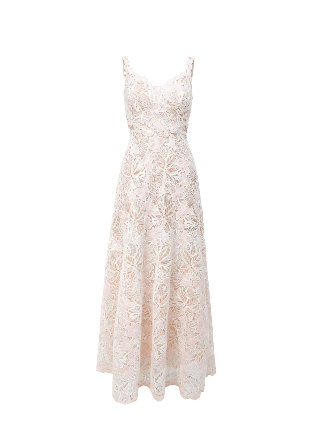 Pearl Wonderland 3D Floral Lace V-Neck Maxi Dress white background