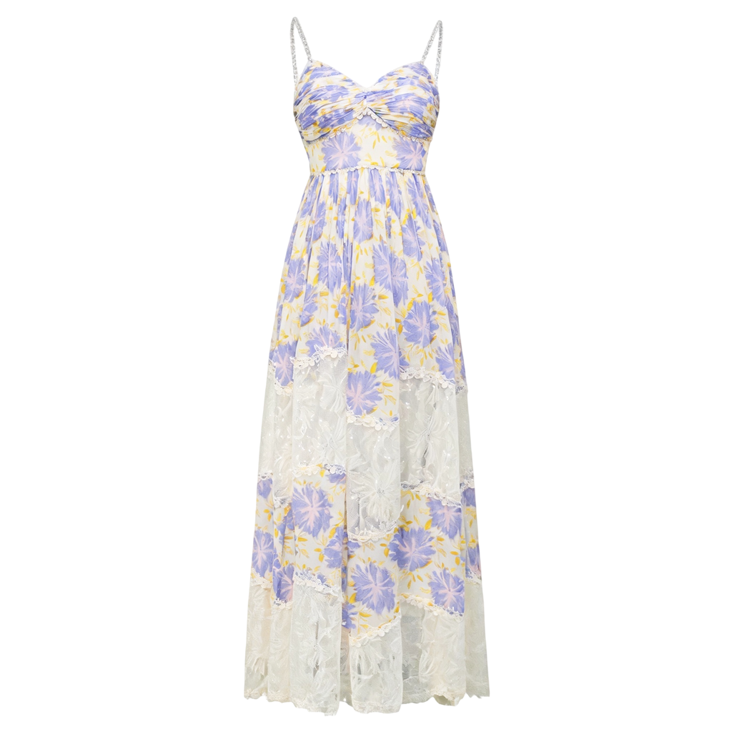 Riviera Silk Print Spliced Bustier Midi Dress white background
