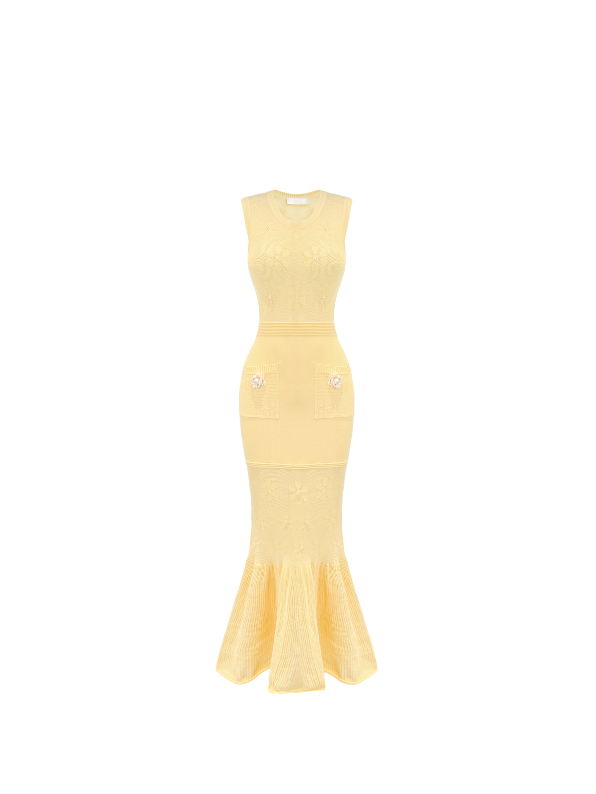 Sunset Bloom Sunlight Yellow Openwork Knit Maxi Dress white background