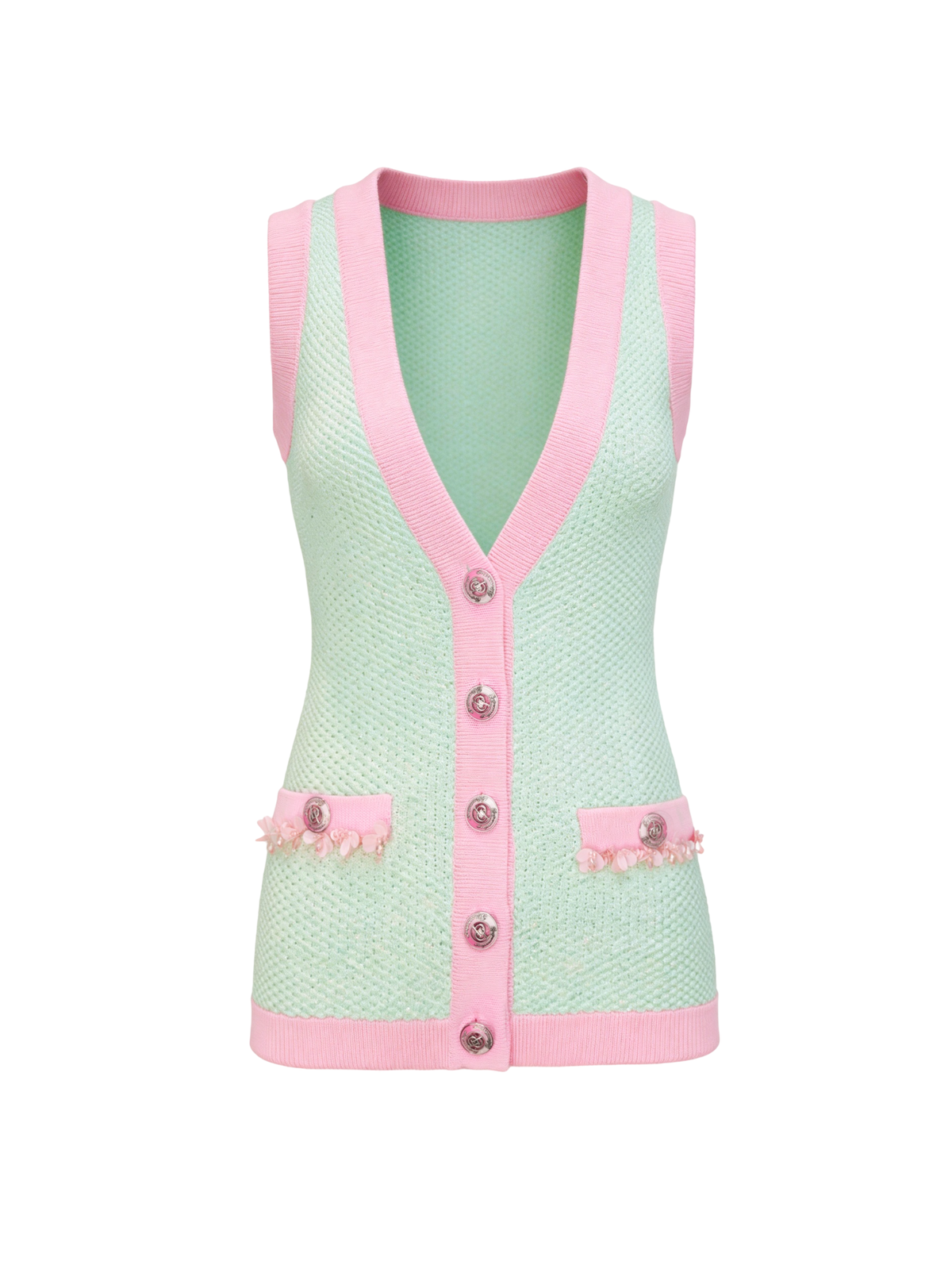 Rue Cambon Green-Pink Color-Block Sleeveless Knit Vest white background