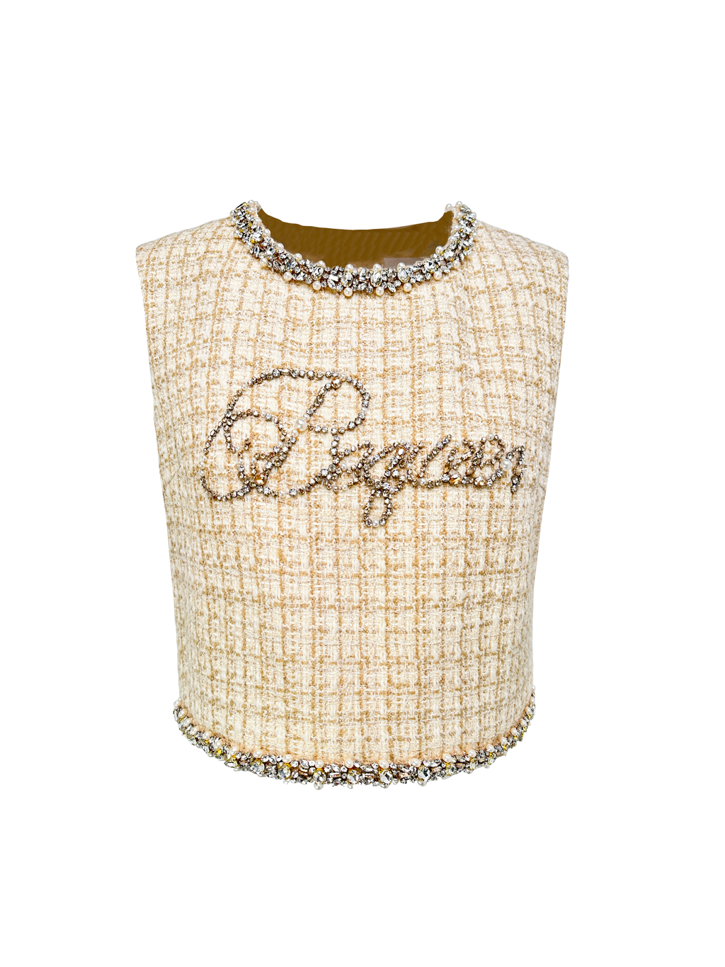 Rue Cambon Gold-Mix Rhinestone Logo Sleeveless Wool Vest white background