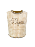 Rue Cambon Gold-Mix Rhinestone Logo Sleeveless Wool Vest white background