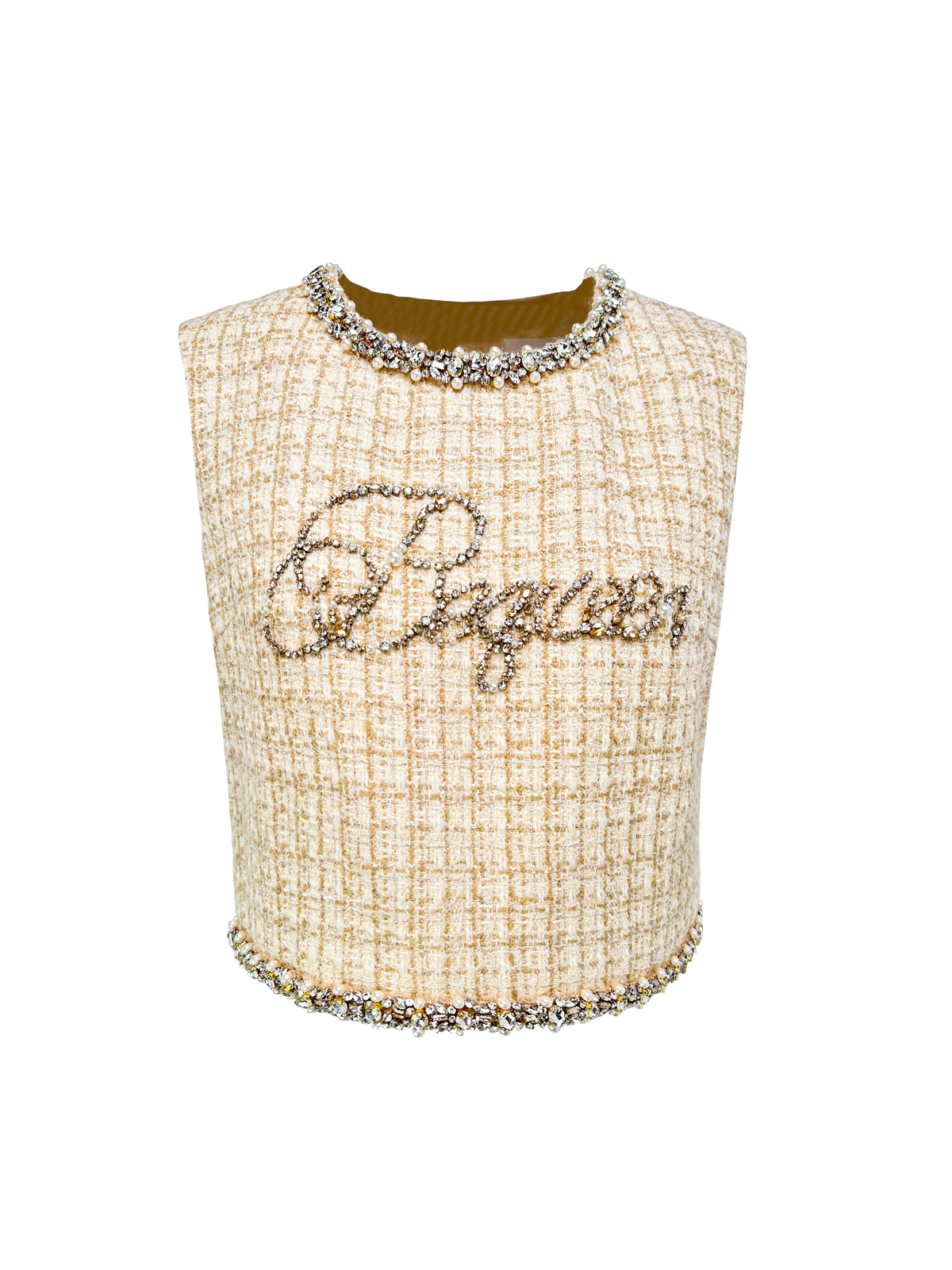 Rue Cambon Gold-Mix Rhinestone Logo Sleeveless Wool Vest white background