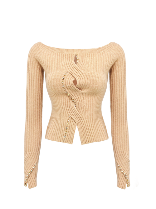 Morning Muse Off-Shoulder Cable Openwork Knit Top white background