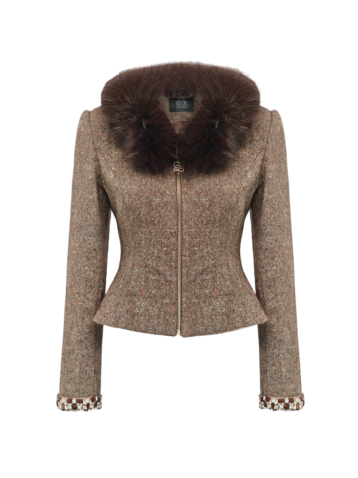 Rue Cambon Brown Fur-Collar Hourglass Jacket white background
