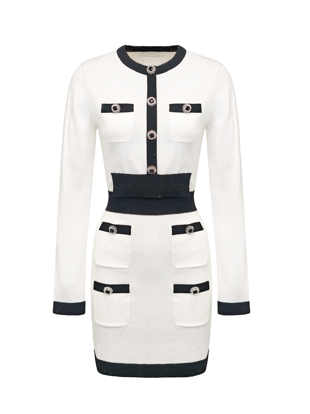 Rue Cambon White Sequin Tweed Knit Mini Dress white background
