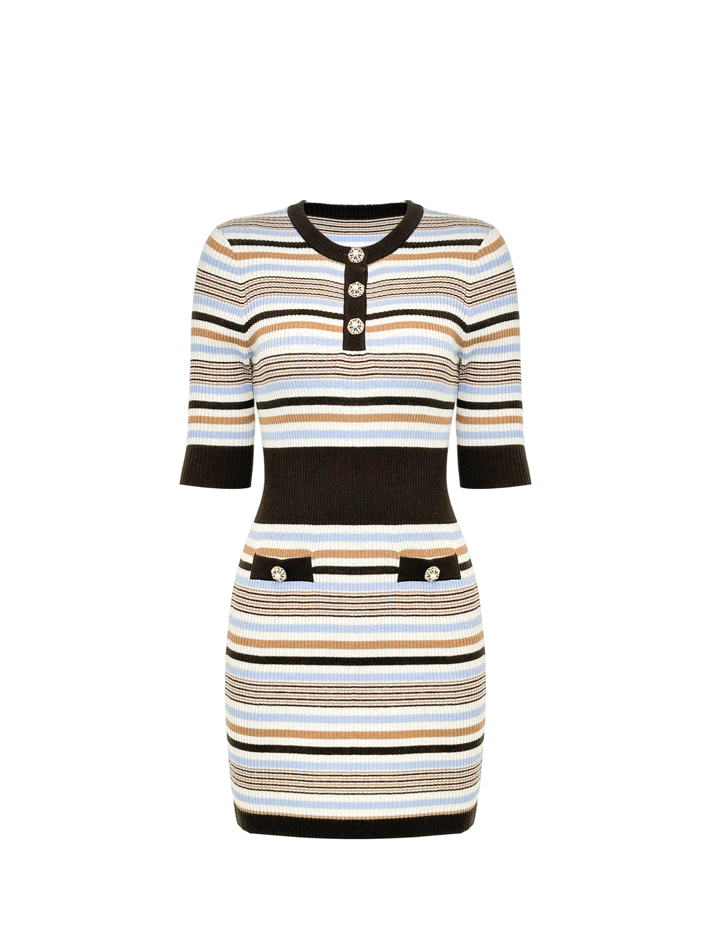 Rue Cambon Brown Striped Rhinestone Color-Block Knit Mini Dress white background
