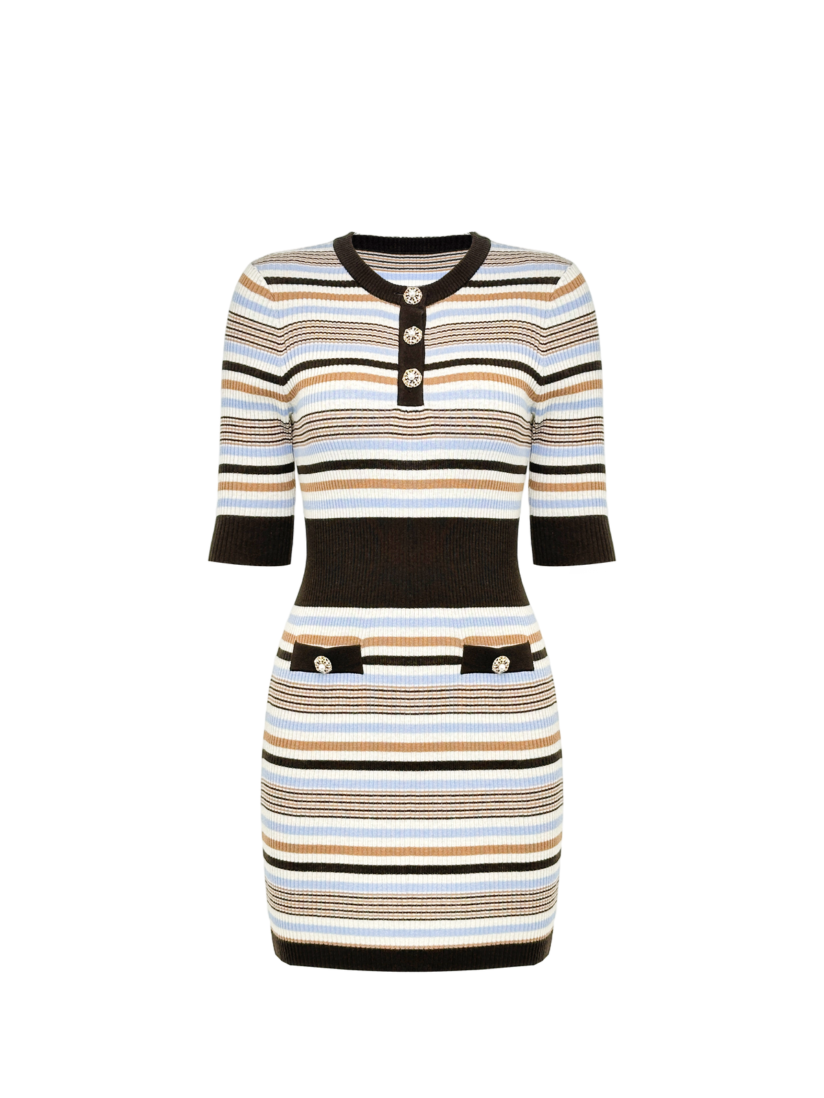 Rue Cambon Brown Striped Rhinestone Color-Block Knit Mini Dress white background