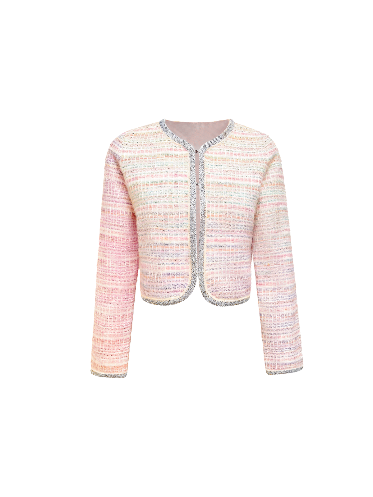 Pearl Wonderland Pink White Striped Rhinestone Trim Cropped Cardigan white background