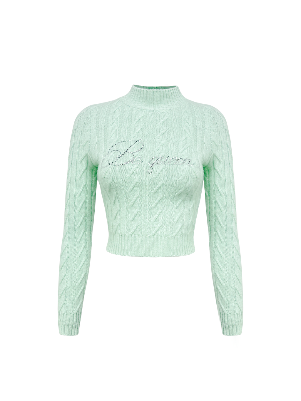 Morning Muse Green Cashmere Rhinestone Cable Knit Sweater white background